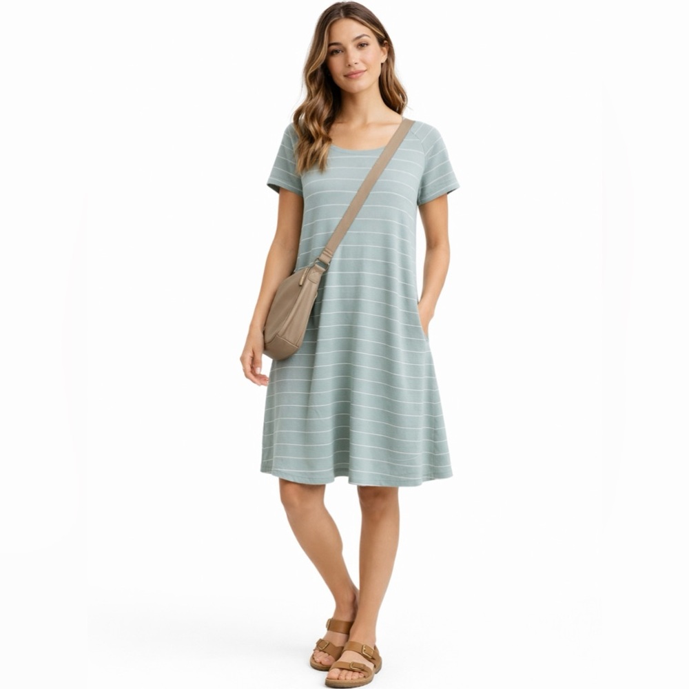 FREE FLY Womens Bamboo Dockside Sagebrush/White Stripe Tee Shirt Dress ~ Small